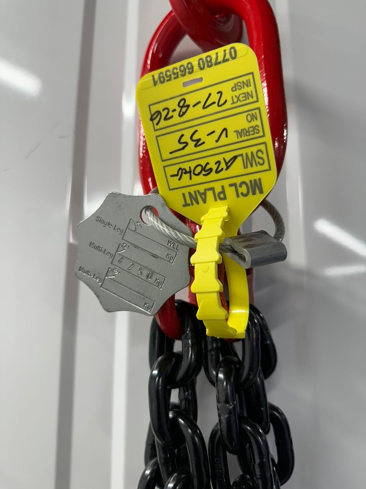 2mtr x 2 leg 10mm Lifting Chain Sling 4.25 tonne with Shortners and Loler cert