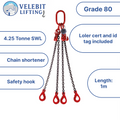 Lifting Chain Sling 4.25 tonne 1mtr x4 leg 8mm  with Shortners and Safety Hook