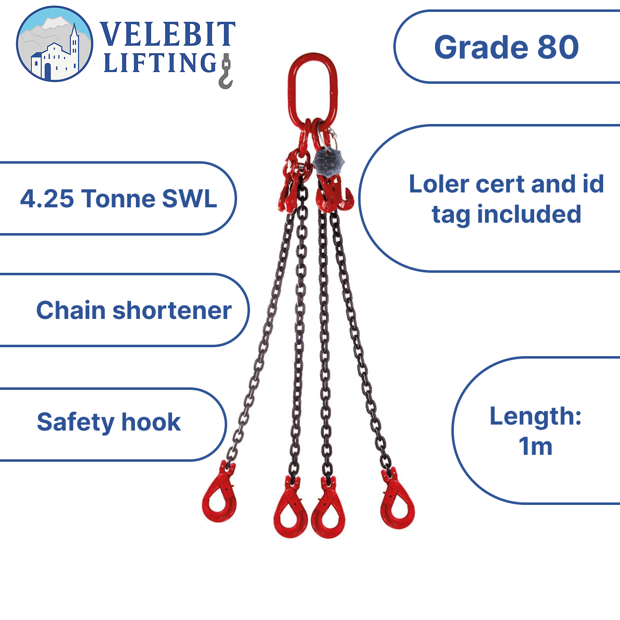 Lifting Chain Sling 4.25 tonne 1mtr x4 leg 8mm  with Shortners and Safety Hook