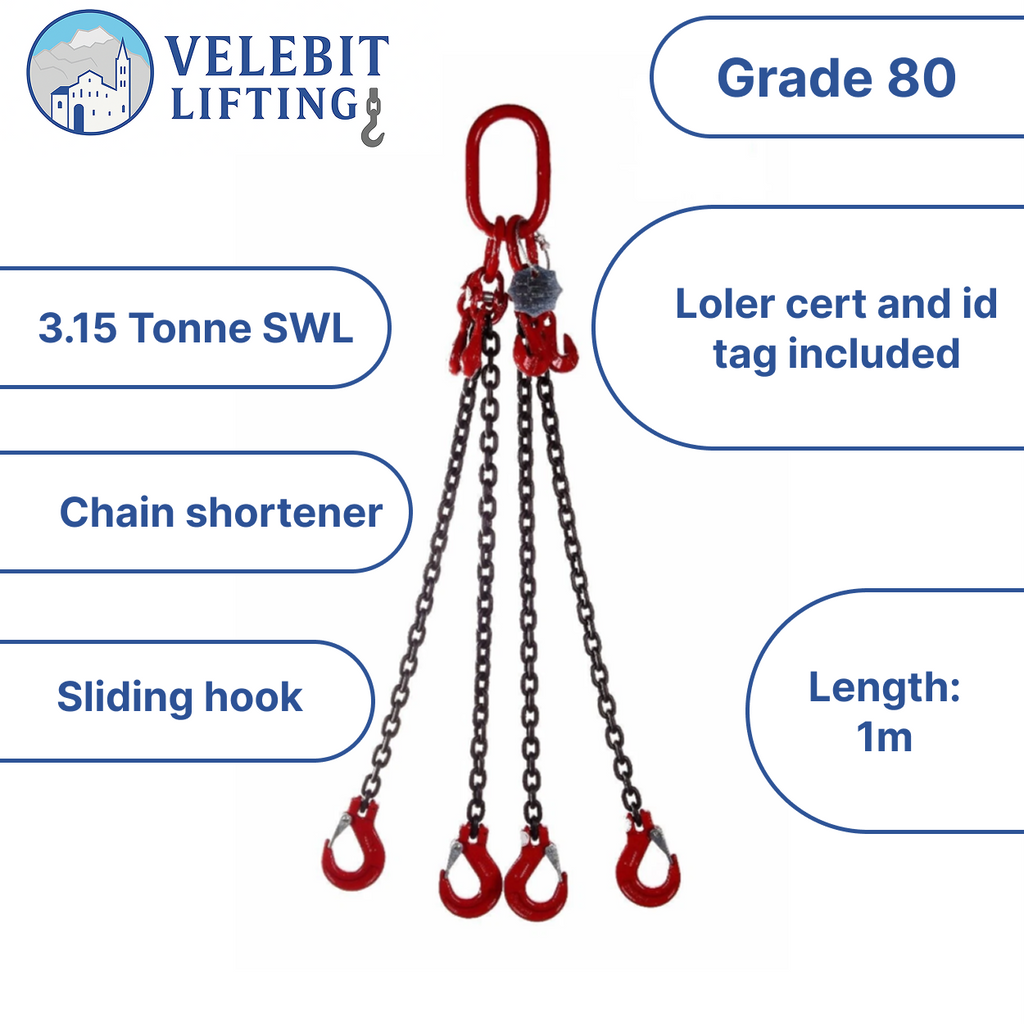 1mtr x4 leg 7mm Lifting Chain Sling 3.15 tonne with Shortners and Loler cert