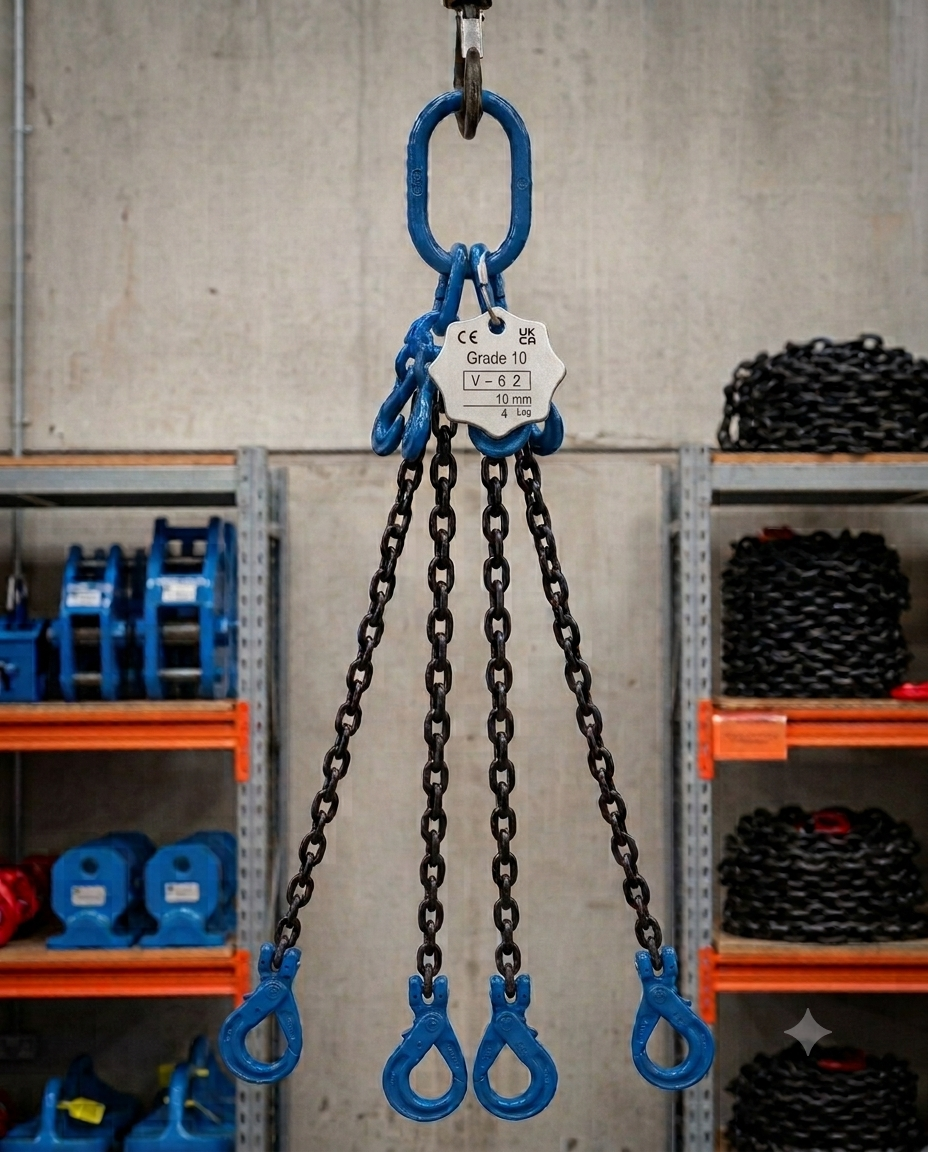 8.4 Tonne Grade 100 6m Chainsling 4 legs, safety hook with shorteners