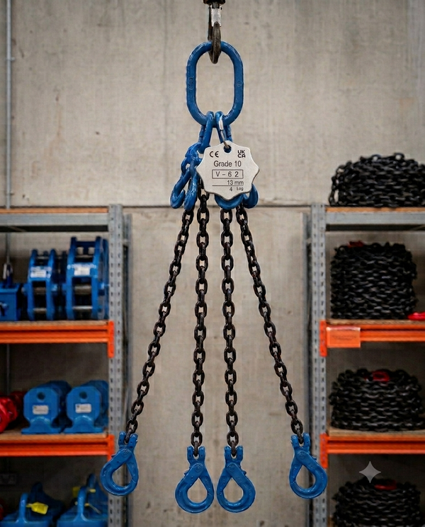 14.1 Tonne Grade 100 6m Chainsling 4 legs, safety hook with shorteners